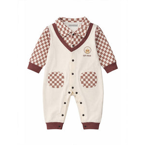 Brown Checks Collar, Full Sleeves Jumpsuit Romper for Tiny Toddlers - 6 - 12 Months Kids Clothing