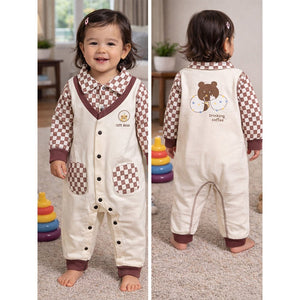 Brown Checks Collar, Full Sleeves Jumpsuit Romper for Tiny Toddlers - 6 - 12 Months Kids Clothing