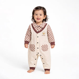 Brown Checks Collar, Full Sleeves Jumpsuit Romper for Tiny Toddlers - 6 - 12 Months Kids Clothing