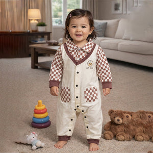 Brown Checks Collar, Full Sleeves Jumpsuit Romper for Tiny Toddlers - 6 - 12 Months Kids Clothing