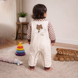 Brown Checks Collar, Full Sleeves Jumpsuit Romper for Tiny Toddlers - 6 - 12 Months Kids Clothing