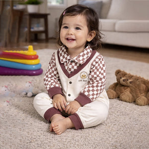 Brown Checks Collar, Full Sleeves Jumpsuit Romper for Tiny Toddlers - 6 - 12 Months Kids Clothing