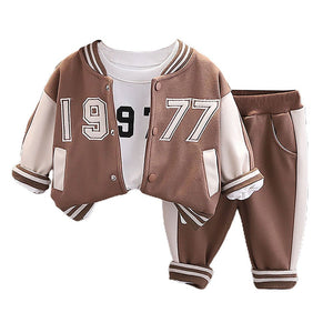Brown & Cream 1977 Designed 3 Pcs Varsity Jacket Styled Track Suit Set For Toddlers And Kids - 2 - 3 Years Kids Clothing