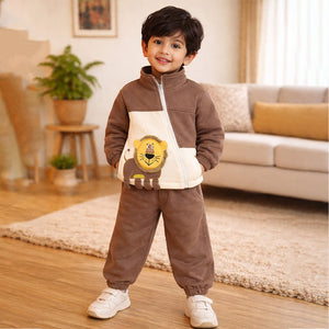 Brown Crew Neck 3D Lion , Fleece winter Tracksuit Set for Kids - 2 - 3 Years Kids Clothing