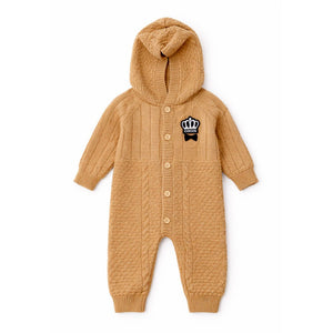 Brown Crown Full Sleeves Jumpsuit Hoodie Romper for Tiny Toddlers - 3 - 6 Months Winter Wear