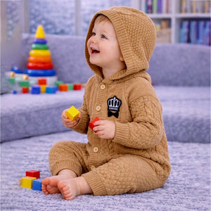 Brown Crown Full Sleeves Jumpsuit Hoodie Romper for Tiny Toddlers - 3 - 6 Months Winter Wear