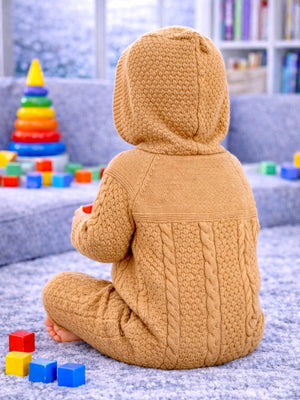 Brown Crown Full Sleeves Jumpsuit Hoodie Romper for Tiny Toddlers - 3 - 6 Months Winter Wear