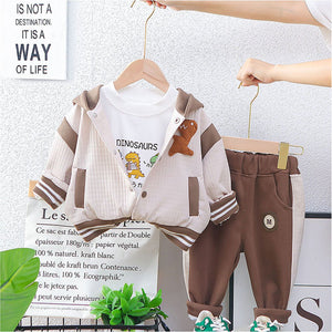 Brown Dino Broach Designed Jacket 3 Pcs Track Suit Set For Toddlers And Kids - 2 - 3 Years Kids Clothing