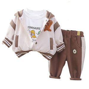 Brown Dino Broach Designed Jacket 3 Pcs Track Suit Set For Toddlers And Kids - 2 - 3 Years Kids Clothing