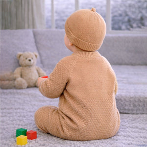Brown Knitted Full Sleeves Jumpsuit Romper with Cap for Tiny Toddlers - 3 - 6 Months Winter Wear