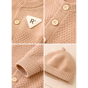 Brown Knitted Full Sleeves Jumpsuit Romper with Cap for Tiny Toddlers - 3 - 6 Months Winter Wear