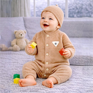 Brown Knitted Full Sleeves Jumpsuit Romper with Cap for Tiny Toddlers - 3 - 6 Months Winter Wear