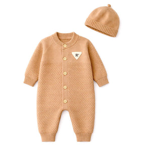 Brown Knitted Full Sleeves Jumpsuit Romper with Cap for Tiny Toddlers - 3 - 6 Months Winter Wear