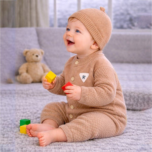 Brown Knitted Full Sleeves Jumpsuit Romper with Cap for Tiny Toddlers - 3 - 6 Months Winter Wear