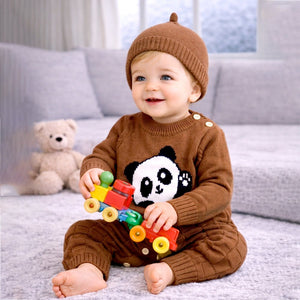 Brown Panda Full Sleeves Jumpsuit Winter Romper with Cap for Tiny Toddlers - 3 - 6 Months Winter Wear