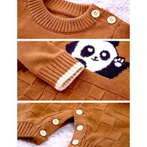Brown Panda Full Sleeves Jumpsuit Winter Romper with Cap for Tiny Toddlers - 3 - 6 Months Winter Wear