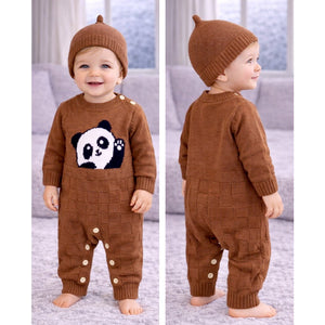 Brown Panda Full Sleeves Jumpsuit Winter Romper with Cap for Tiny Toddlers - 3 - 6 Months Winter Wear