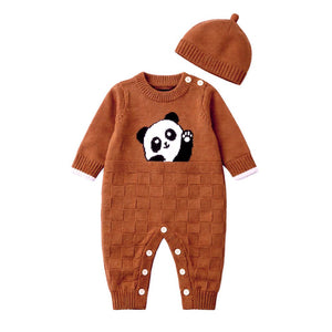 Brown Panda Full Sleeves Jumpsuit Winter Romper with Cap for Tiny Toddlers - 3 - 6 Months Winter Wear