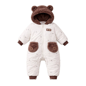Brown Paw Pocket Furry Winter Full Sleeves Jumpsuit Hoodie Romper for Tiny Toddlers - 3 - 6 Months Winter Wear