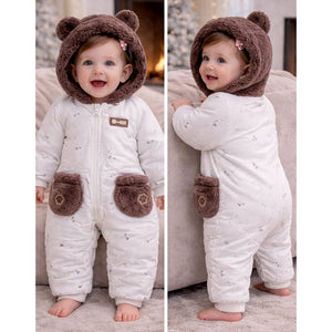 Brown Paw Pocket Furry Winter Full Sleeves Jumpsuit Hoodie Romper for Tiny Toddlers - 3 - 6 Months Winter Wear
