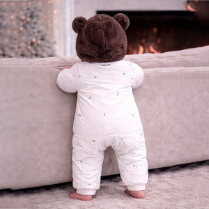 Brown Paw Pocket Furry Winter Full Sleeves Jumpsuit Hoodie Romper for Tiny Toddlers - 3 - 6 Months Winter Wear