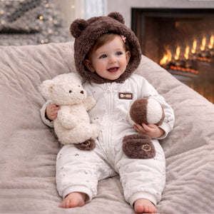 Brown Paw Pocket Furry Winter Full Sleeves Jumpsuit Hoodie Romper for Tiny Toddlers - 3 - 6 Months Winter Wear