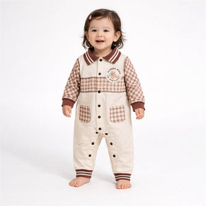 Brown Striped Collar, Full Sleeves Jumpsuit Romper for Tiny Toddlers - 6 - 12 Months Kids Clothing