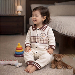 Brown Striped Collar, Full Sleeves Jumpsuit Romper for Tiny Toddlers - 6 - 12 Months Kids Clothing