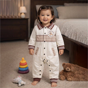 Brown Striped Collar, Full Sleeves Jumpsuit Romper for Tiny Toddlers - 6 - 12 Months Kids Clothing