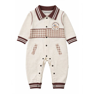 Brown Striped Collar, Full Sleeves Jumpsuit Romper for Tiny Toddlers - 6 - 12 Months Kids Clothing