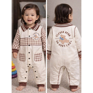 Brown Striped Collar, Full Sleeves Jumpsuit Romper for Tiny Toddlers - 6 - 12 Months Kids Clothing