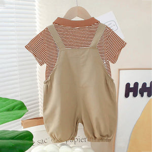 Brown stripes tee with Khakhi Bear Dungaree, 2 Pcs Clothing Set For Toddlers And Kids - 1 - 2 Years Kids Clothing