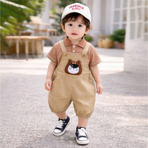 Brown stripes tee with Khakhi Bear Dungaree, 2 Pcs Clothing Set For Toddlers And Kids - 1 - 2 Years Kids Clothing