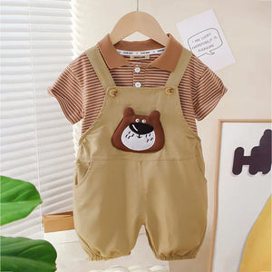 Brown stripes tee with Khakhi Bear Dungaree, 2 Pcs Clothing Set For Toddlers And Kids - 1 - 2 Years Kids Clothing
