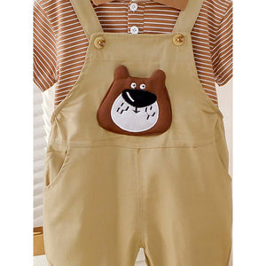 Brown stripes tee with Khakhi Bear Dungaree, 2 Pcs Clothing Set For Toddlers And Kids - 1 - 2 Years Kids Clothing