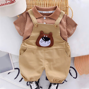 Brown stripes tee with Khakhi Bear Dungaree, 2 Pcs Clothing Set For Toddlers And Kids - 1 - 2 Years Kids Clothing