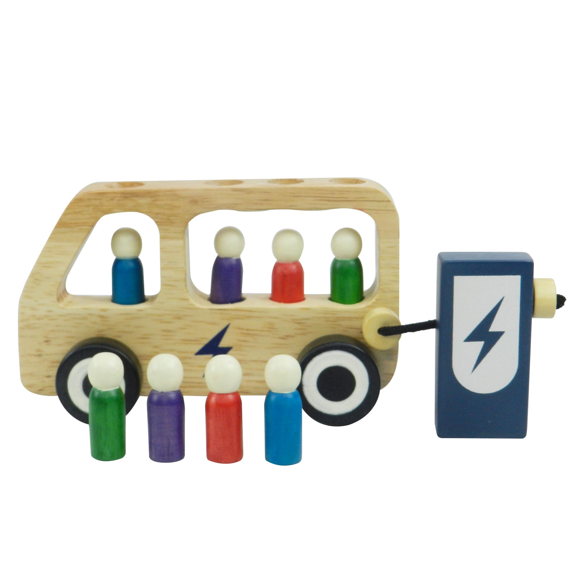Playbox Wooden Double Decker Bus for Kids | 7 Wooden Passangers and 1 Driver with Artificial Wooden Electric Charger