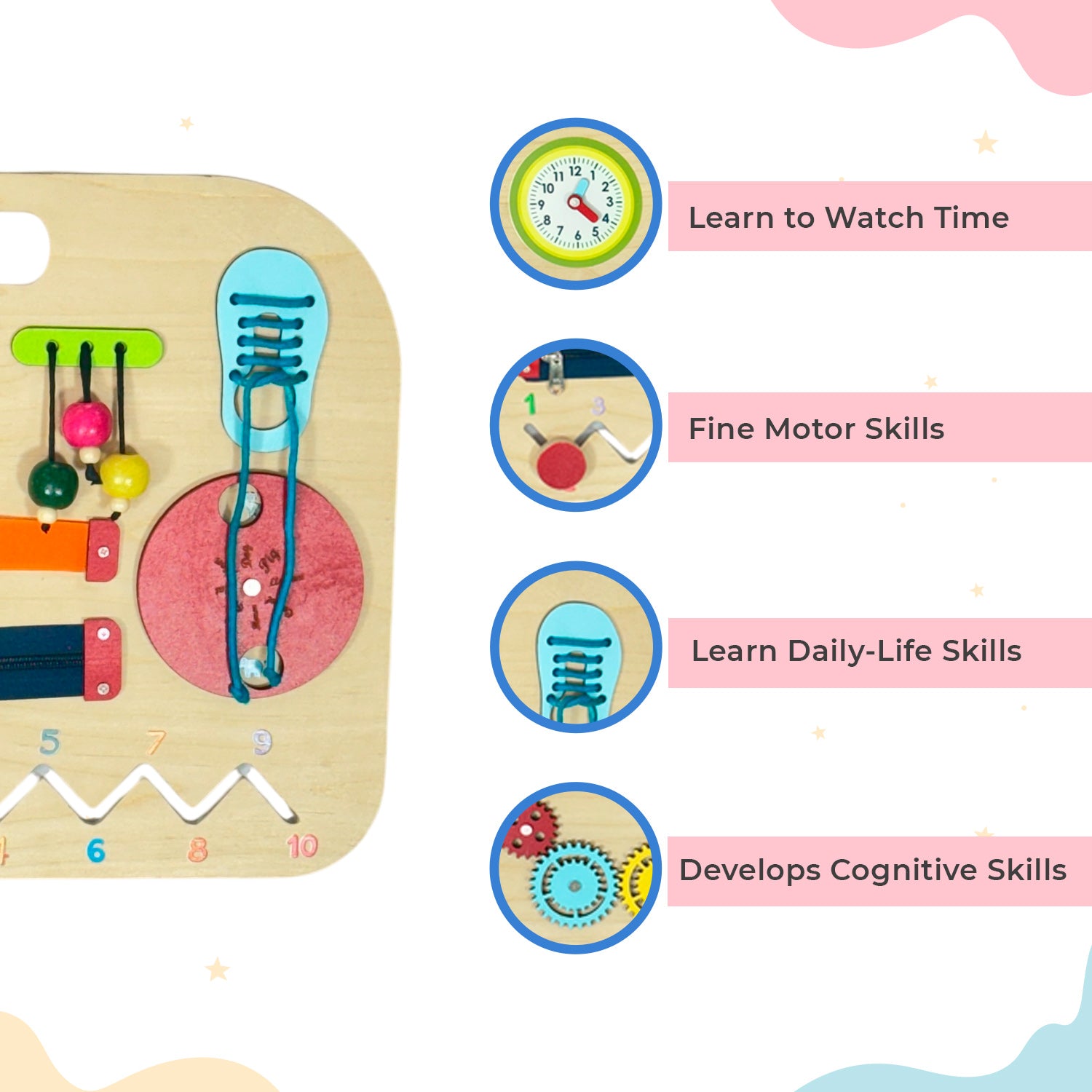 Little Ginnie Wooden Busy Board for Toddlers | 10-in-1 Wooden Educational Toy with Clock, Zipper, Gear, Puzzle