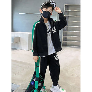 Casual Black With Green Borer 2Pcs Track Suit Set For Kids & Tweens - 5 - 6 Years Kids Clothing