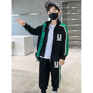 Casual Black With Green Borer 2Pcs Track Suit Set For Kids & Tweens - 5 - 6 Years Kids Clothing