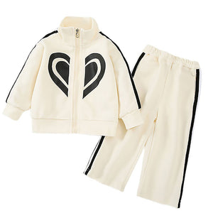 Casual Cream & Black Big Heart 2Pcs Track Suit Set For Kids & Tweens - 4 - 5 Years Kids Clothing