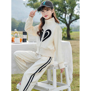 Casual Cream & Black Big Heart 2Pcs Track Suit Set For Kids & Tweens - 4 - 5 Years Kids Clothing
