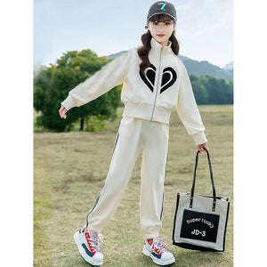 Casual Cream & Black Big Heart 2Pcs Track Suit Set For Kids & Tweens - 4 - 5 Years Kids Clothing