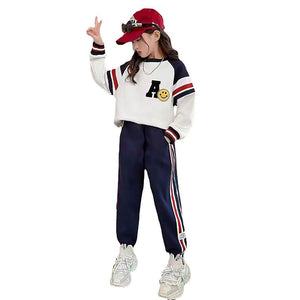 Casual Letter A Monogram Designed Cream & Navy 2Pcs Track Suit Set For Kids & Tweens - 5 - 6 Years Kids Clothing