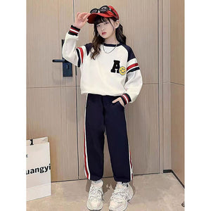 Casual Letter A Monogram Designed Cream & Navy 2Pcs Track Suit Set For Kids & Tweens - 5 - 6 Years Kids Clothing