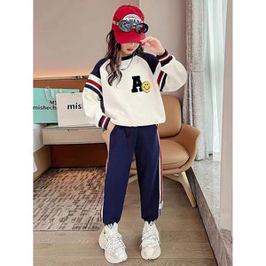 Casual Letter A Monogram Designed Cream & Navy 2Pcs Track Suit Set For Kids & Tweens - 5 - 6 Years Kids Clothing