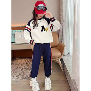 Casual Letter A Monogram Designed Cream & Navy 2Pcs Track Suit Set For Kids & Tweens - 5 - 6 Years Kids Clothing