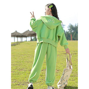 Casual Smiley Green & White Stripes 2Pcs Track Suit Set For Kids & Tweens - 5 - 6 Years Kids Clothing