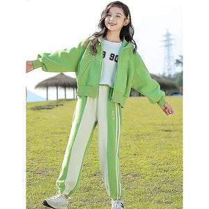Casual Smiley Green & White Stripes 2Pcs Track Suit Set For Kids & Tweens - 5 - 6 Years Kids Clothing