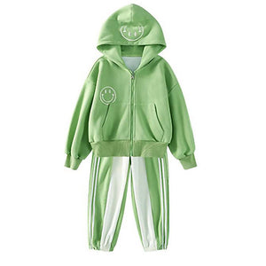 Casual Smiley Green & White Stripes 2Pcs Track Suit Set For Kids & Tweens - 5 - 6 Years Kids Clothing